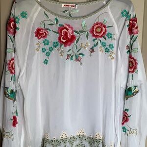 Johnny Was White Embellished Blouse with Red Floral Embroidery